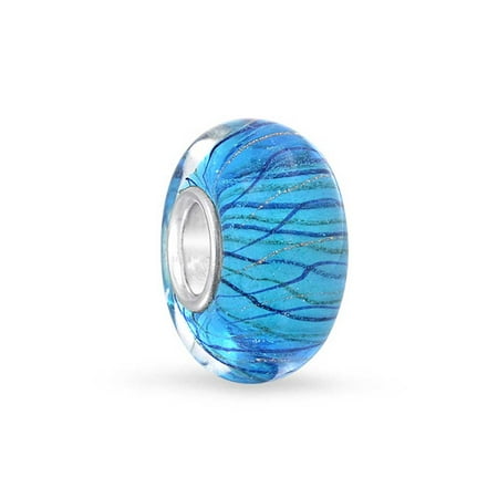 - Light Blue Glitter Swirl Striped Murano Glass 925 Sterling Silver Core Spacer Bead Fit European Charm Bracelet For Women