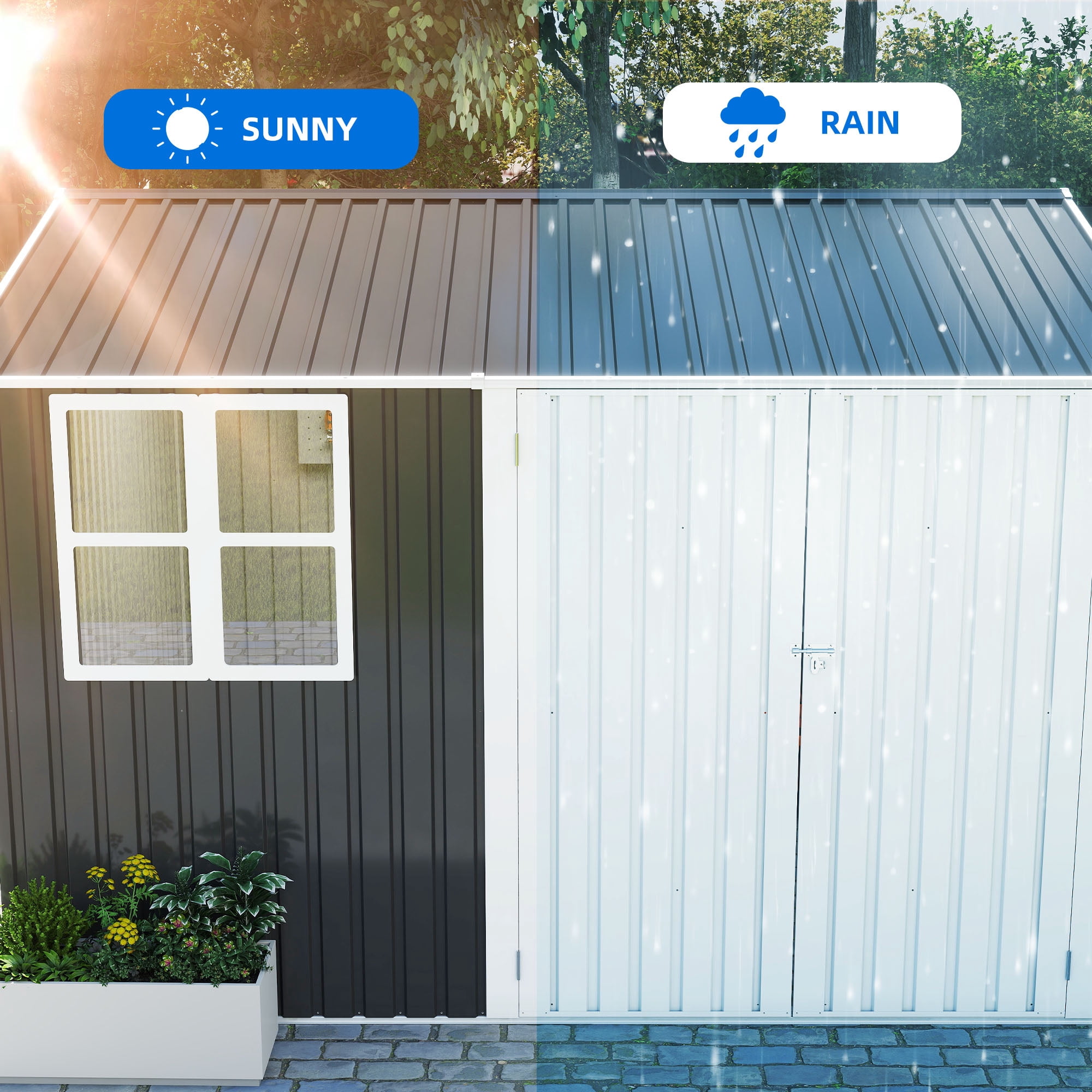 Dextrus 10' x 8' Outdoor Storage Shed, Waterproof Metal Shed with Windows, Lockable Doors Gray/White