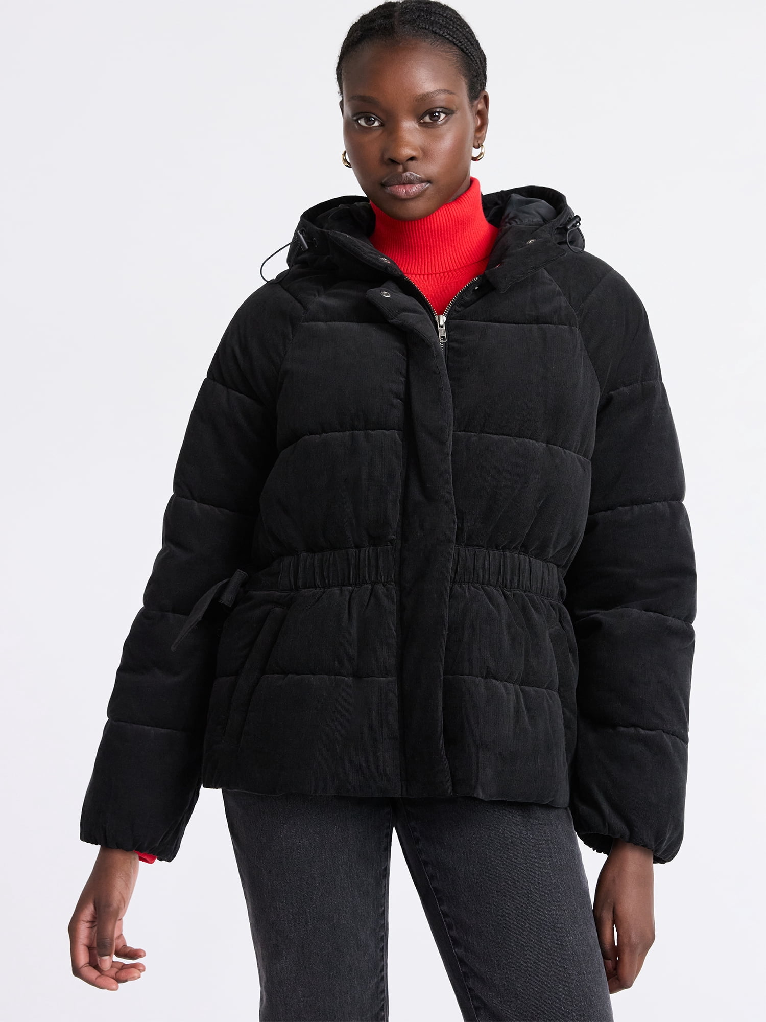 Free Assembly Women's Side Tie Puffer Jacket with Hood, Sizes XS-XXL