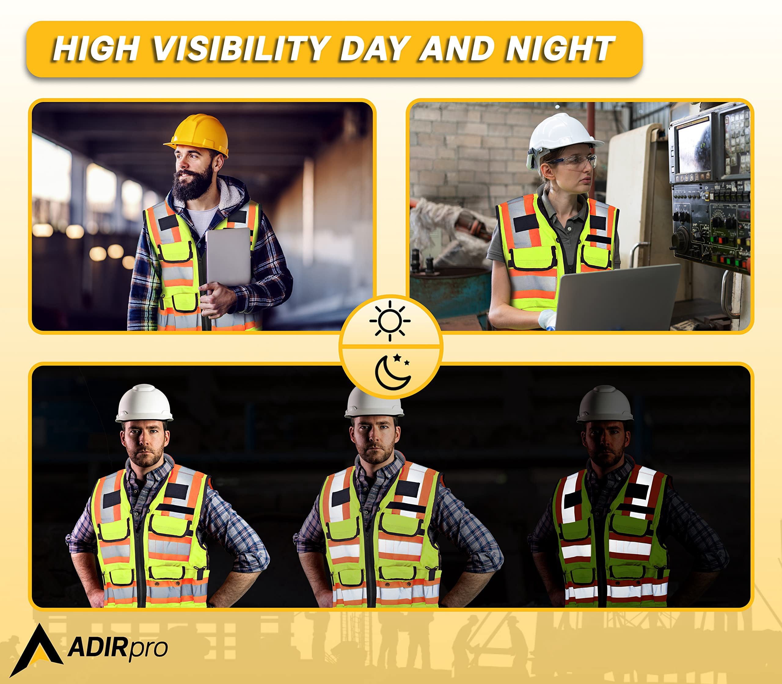 AdirPro Surveyor Safety Vest with Pockets - High visibility Reflective Construction Vest for Men - Class 2 Heavy Duty Vest ANSI Complaint for Contractors, Surveyors (Yellow, Medium)