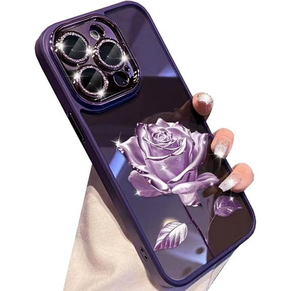 for iPhone 14 Pro Max 6.7" Fairy Rose Case,Cute Rose Flower Floral Design with Glitter Bling Camera Lens Protector TPU Bumper Clear Shockproof Women Girls Case for iPhone 14 Pro Max (Purple)