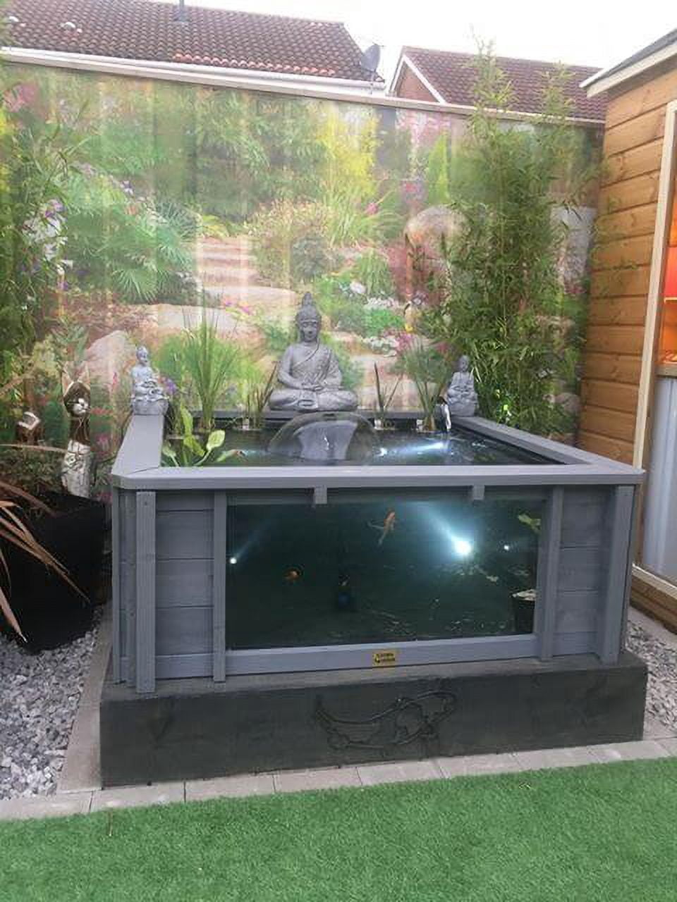 Raised Wooden Square Pond with Large Windows - Lotus Clear View Garden Aquarium in Gray 172 Gallon