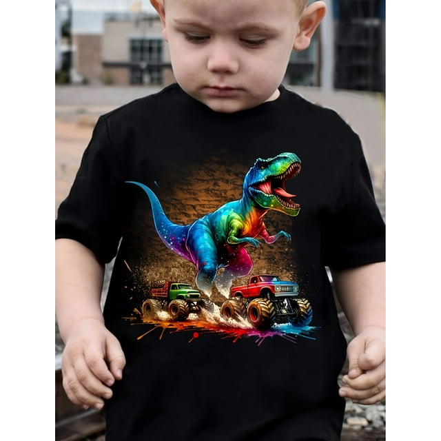 Camiseta gráfica de T-Rex y Monster Truck para niño - Poliéster suave, cuello redondo, manga corta, informal