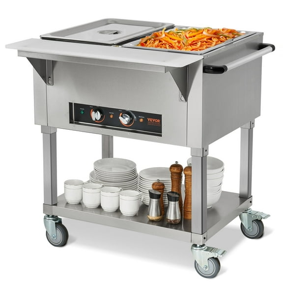 VEVOR 2-Pan Commercial Food Warmer, 2 x 20.6QT Electric Steam Table, 1000W Professional Buffet Catering Food Warmer with 4 Wheels (2 Lockable), Food Grade Stainless Steel Server