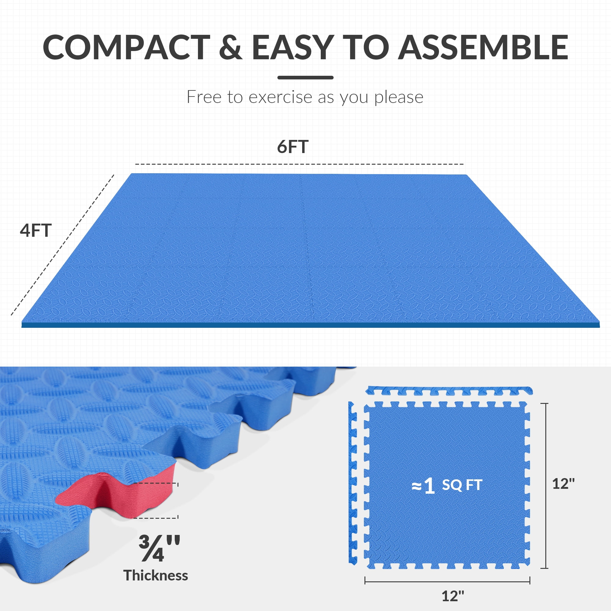 BalanceFrom EVA Foam Interlocking Floor Tiles, 63 × 63 cm, 1/2" 3/4" or 1" Thick, Anti-Slip Textured Mats in Multiple Colors, 6/12/24/36 Pack for Home Gym and Play Areas
