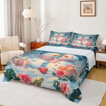 Homewish Cute Snowman Twin Sheet Sets 3pcs for Female Men Adults,Xmas Christmas Festival Twin Fitted Sheet Microfiber,Floral Rose Love Heart Breathable Flat Sheet,Microfiber Bedroom Decor
