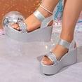 thumbnail image 4 of Rokment Women's Sparkly Sequin Platform Sandals for Dressy Comfortable Elastic Ankle Strap Slip on Wedge Chunky Heeled Walking Summer Shoes Bride Wedding Silver Size 9.5, 4 of 9