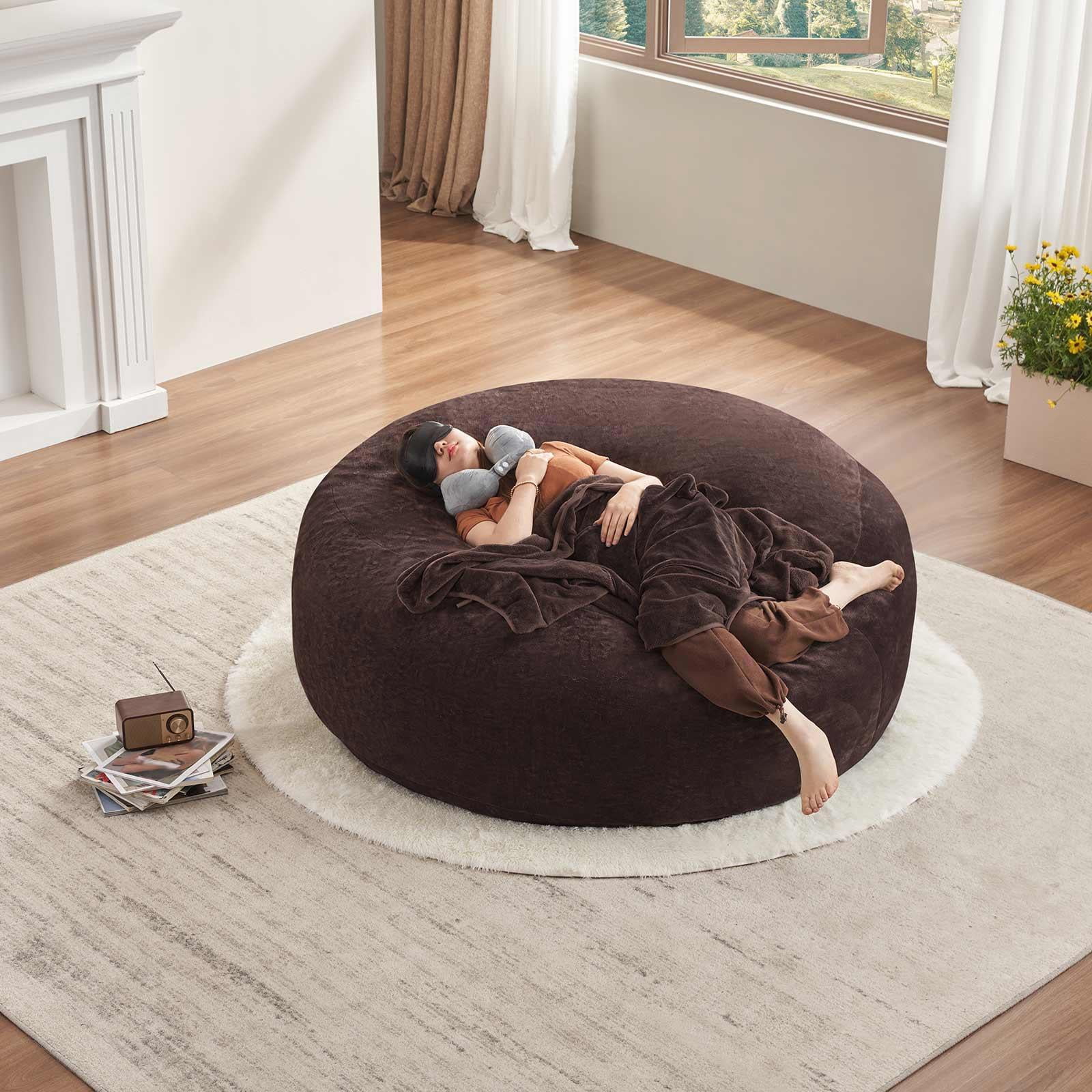 Hommoo 6FT Bean Bag Chair, Memory Foam Filling Soft Sofa with Flannel Cover, Round Sofa for Living Room, Bedroom, College Dorm, Brown