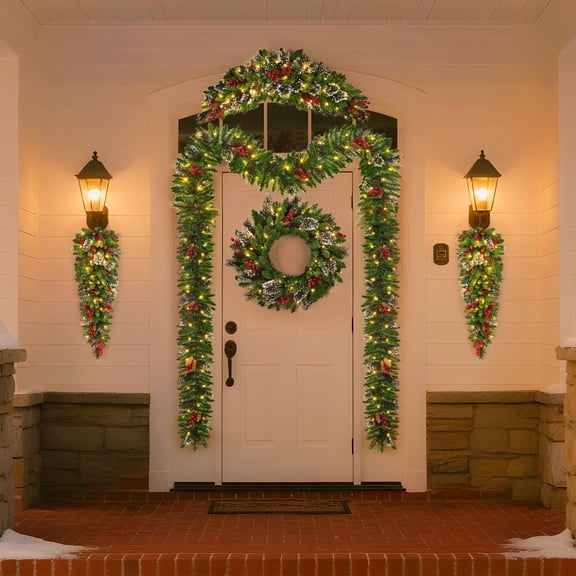 Pre-Lit LED Christmas Garland Set of 6, Includes Long Garlands, Teardrop Ornaments, Wreath & Arc Garland with Pinecones & Berries