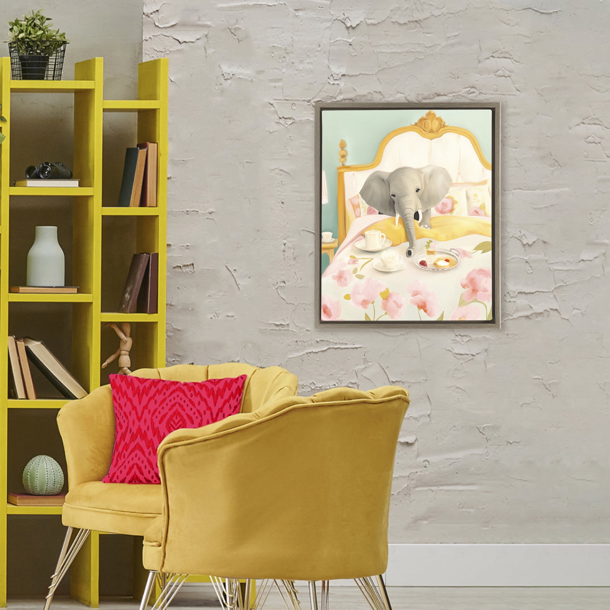Breakfast in Bed Elephant Brown Framed Floater Canvas Wall Art, design by Leah Straatsma