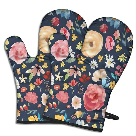 Cute Oven Mitts,Pioneer Flower Floral Print Pattern Oven Mitt 2-Pack Set,Kitchen Gloves for Oven,Heat Resistant Oven Mitts 7.7"x12"
