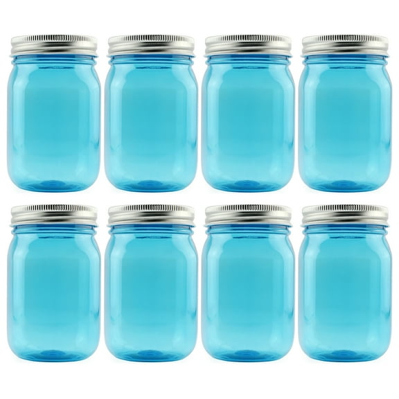 Cornucopia Brands 16oz PLASTIC Mason Jars (8-Pack, Blue w/ Silver Metal Lids); PET BPA-Free Mason Jars w/ One Piece Lids, 2-Cup/Pint Capacity
