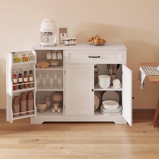 Aiho 42” Coffee Bar Cabinet with Storage, Kitchen Storage Cabinet, Sideboard Buffet Cabinet with 8 Shelves, 1 Drawer - White