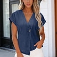 thumbnail image 2 of Asymmetric Button V-Neck Dolman Sleeve Denim Casual Top for Women Solid Color Spring Summer Blouse for Daily Wear S-XXL, 2 of 7