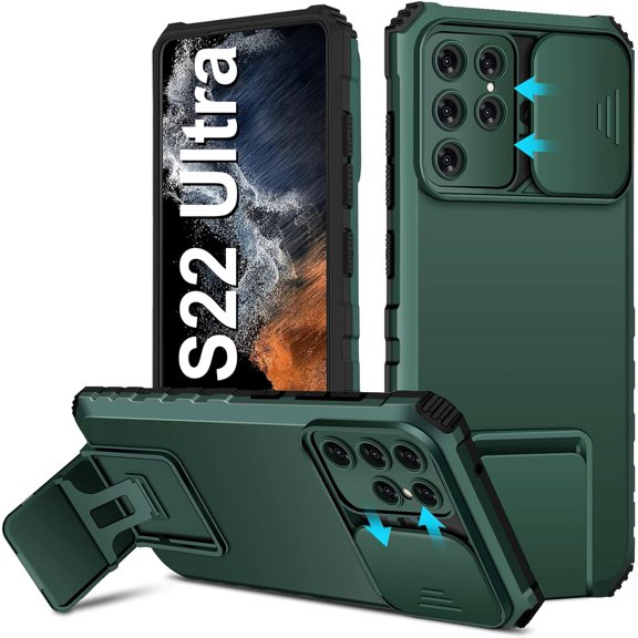 S22 Ultra Case Compatible with Samsung Galaxy S22 Ultra 5G [2022-Version], Slide Camera Cover, -Grade Shockproof Phone Case with Kickstand Protective Cover for Samsung S22 Ultra 5G (Green)