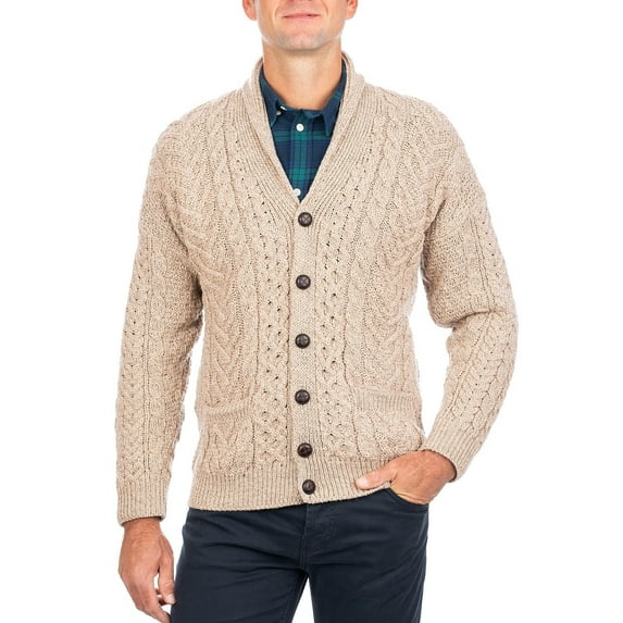 SAOL Aran Shawl Collar Cardigan 100% Premium Merino Wool Sweater Button Up Jacket for Men Made in Ireland