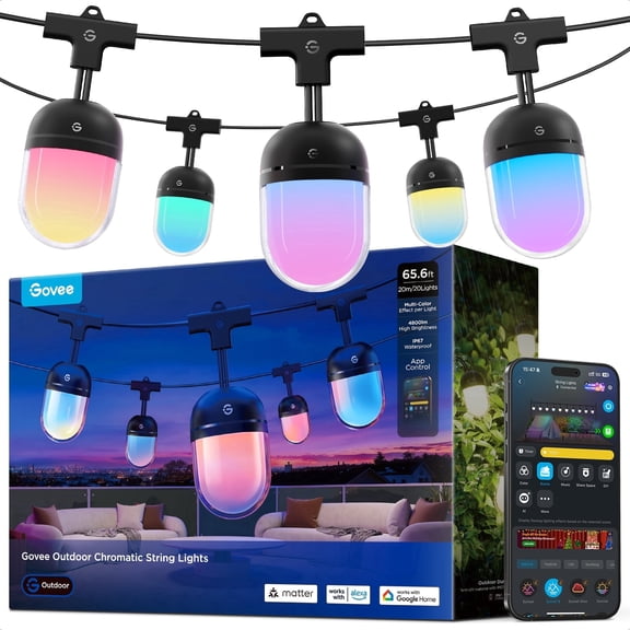 Govee Outdoor Chromatic String Lights, 65.6ft RGBIC Outdoor Lights, 55 RGB LEDs per Bulb, Uni-IC Control, 111  Scenes, IP67 Waterproof, String lights compatible with Alexa, Google, Matter, App