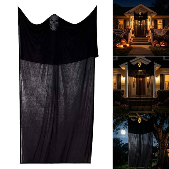 10ft Tall Halloween Black Gauze Hanging Ghost Prop, Sound Activated Light Up Skull Ghost, Spooky Large Decor for Outdoor Indoor House Horror Party
