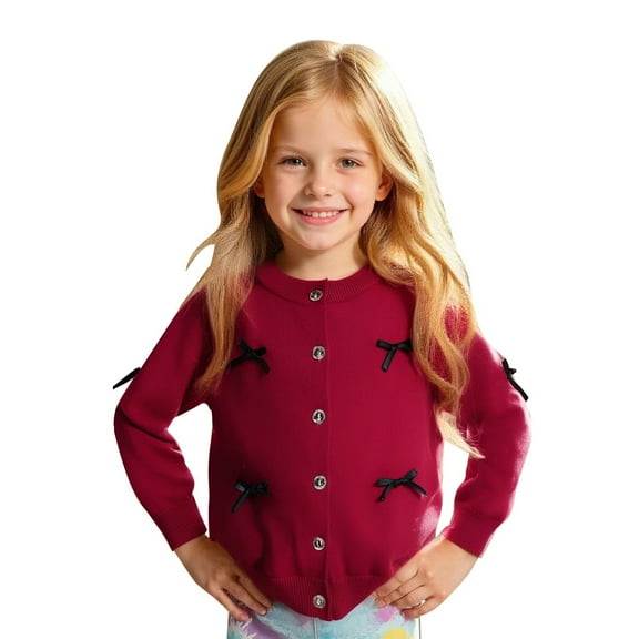 LYHaoo Girl's Button Open Front Knitted Cardigan Long Sleeve Loose Cute Bow Cardigan Sweaters 11-12 Years(Red)