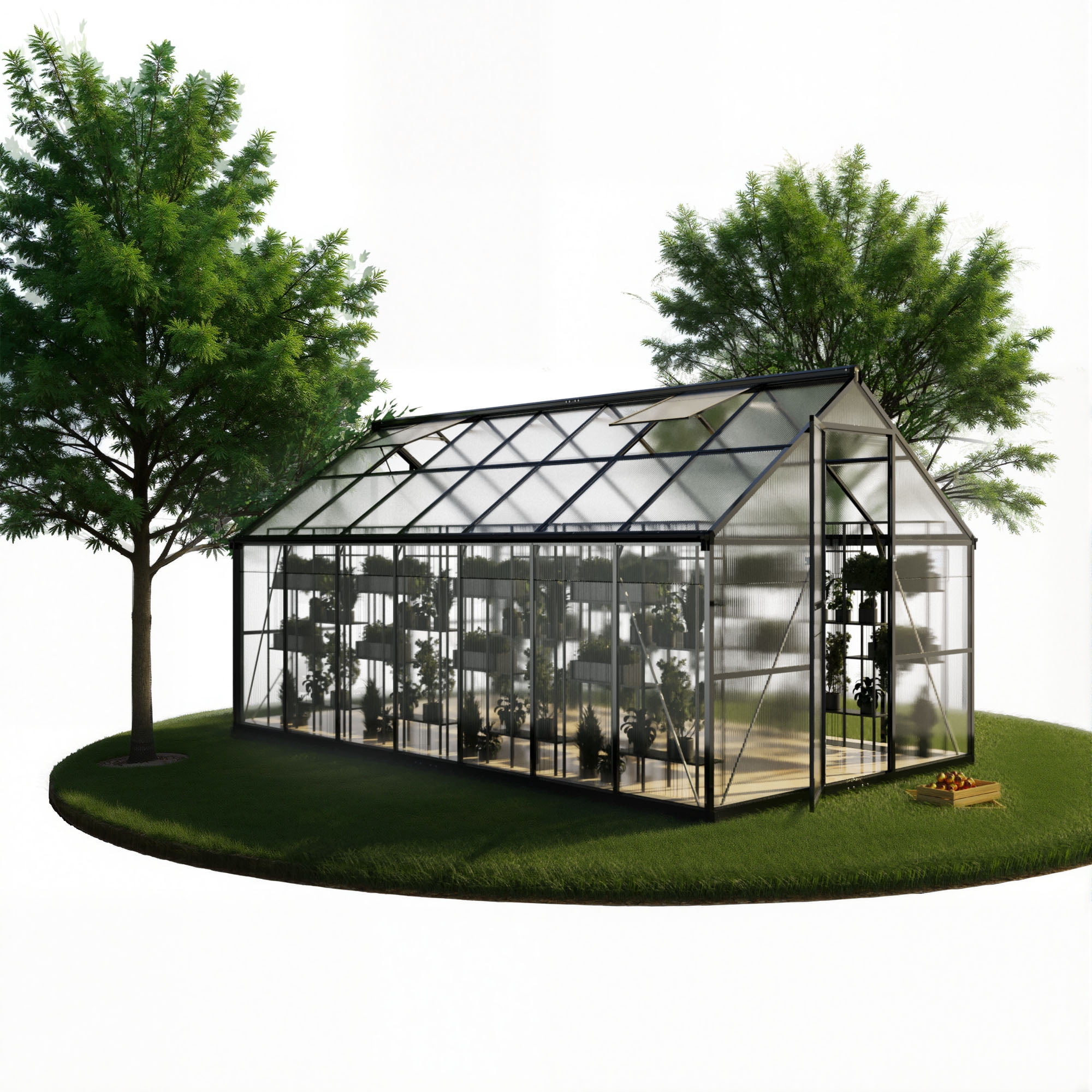 EASYHAWK 8x14 ft Outdoor Greenhouse with Steel Frame – Polycarbonate Walk-in Green House for Garden/Backyard, Quick Setup, Roof Vent, Black