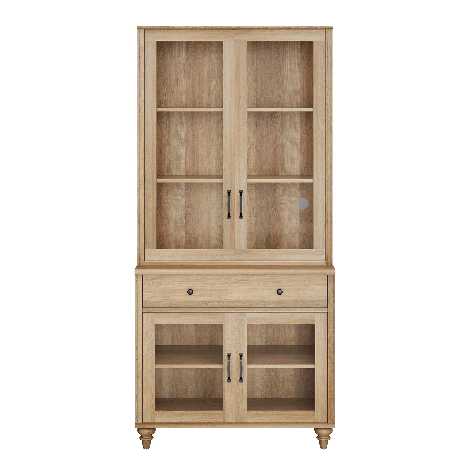 72.1"H × 33.9"W Farmhouse Wooden Bookcase with Glass Doors and Drawer, Large Storage Bookshelf for Living Room, Bedroom, Home Office & Kitchen, Oak
