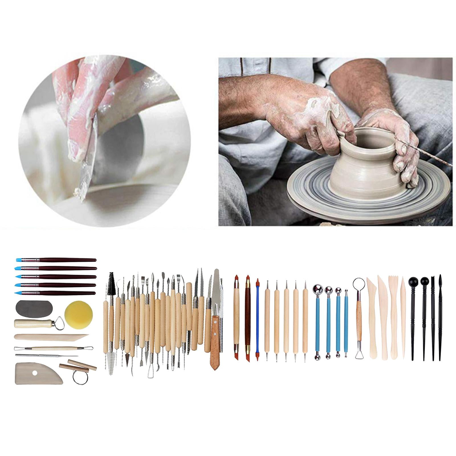 GUOOL Pottery Carving Tool Kit with Wooden Handle Steel Tip Ceramics Clay Pottery Modeling Blending Smoothing Tool Cleaning Tool Set Craft - 56 Pieces