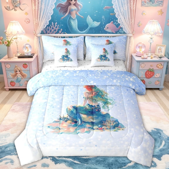 Feelyou Dreamy Fairy Mermaid Princess Twin Bedding Sets for Kids Boys Girls, Glitter Starry Sky Stars Bedding Comforter Set, Blue, Reversible, 7 Pieces
