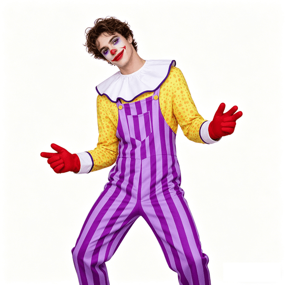Adult Purple Striped Clown Halloween Costume Set with Yellow Polka Dot Shirt, Collar and Red Gloves