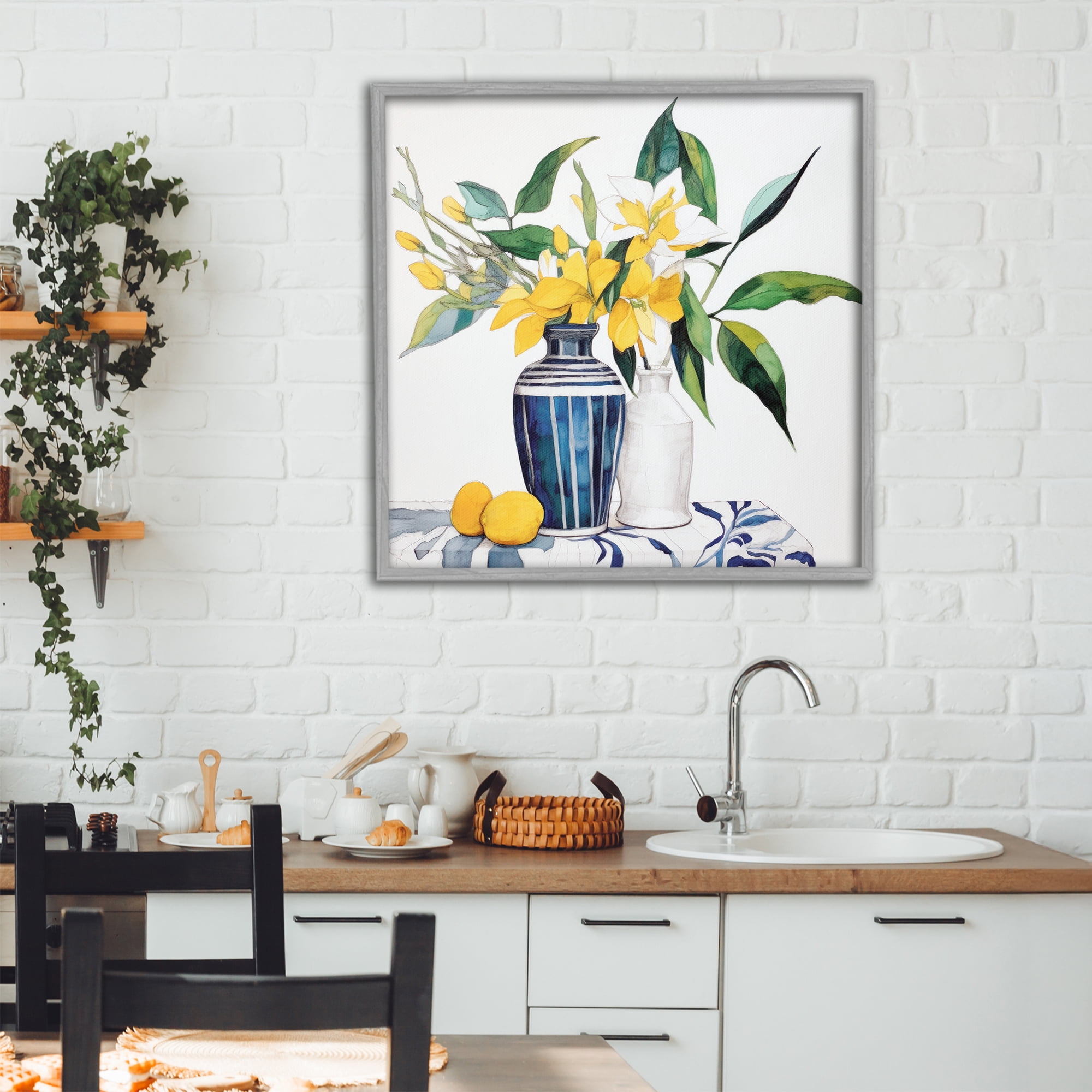 Stupell Industries Lemons And Blooms Table Gray Framed Giclee Art, design by Ray Powers