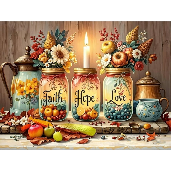 Faith, Hope, Love Wishing Bottle Diamond Art Kits for Adults, Inspirational Thanksgiving Diamond Painting Kits for Beginners, DIY 5D Round Drill Crystal Diamond Dots Gem Craft Home Decor 12x16 Inch