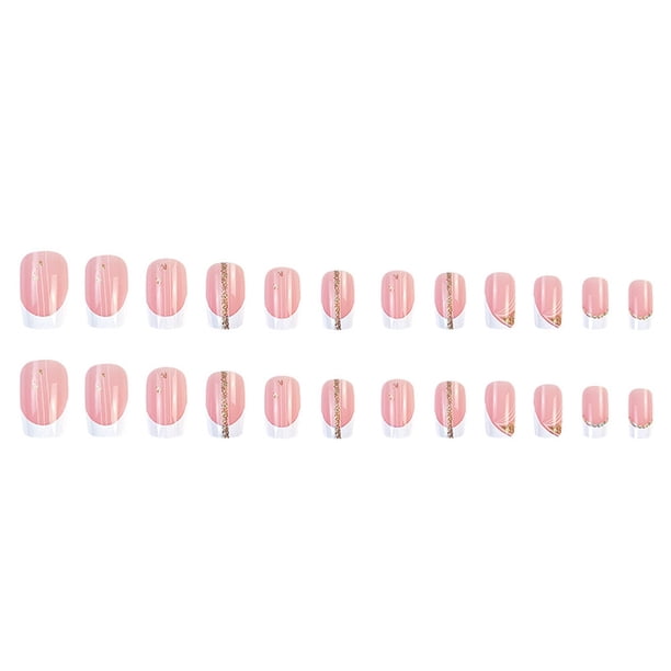 24 uds. Uñas postizas con punta francesa, cuadradas, medianas, acrílicas brillantes con purpurina, rosa y blanco, pegamento para uñas, para manicura DIY, fiesta o regalo de boda