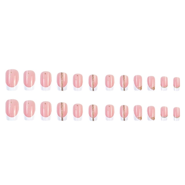 24 uds. Uñas postizas con punta francesa, cuadradas, medianas, acrílicas brillantes con purpurina, rosa y blanco, pegamento para uñas, para manicura DIY, fiesta o regalo de boda