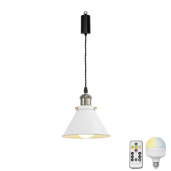 KAYYELAMP Remote LED Bulb Rechargeable Battery Adjusted Height Hanging Light Dimming Timing Pearl Black & White Metal Lamp Vintage Design for Kitchen Farmhouse(DZ18x10)