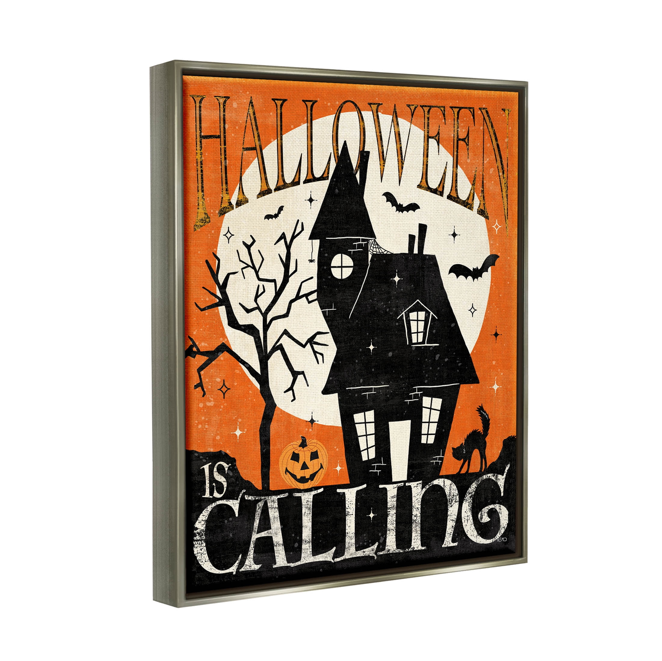 Stupell Industries Halloween Is Calling Haunted House Graphic Art Luster Gray Floating Framed Canvas Print Wall Art, Design by Veronique Charron