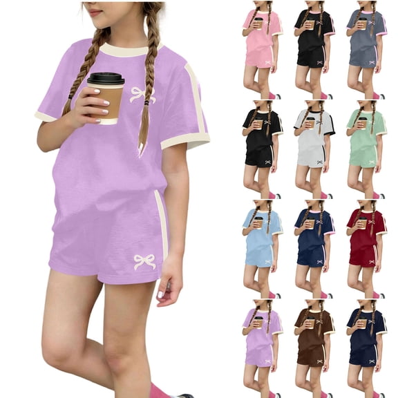 Girls Casual Athletic Outfit 3-14Y, Short Sleeve Crew Neck T-Shirt and Shorts Set, Soft Breathable Summer Tracksuit for Kids Daily Wear Red