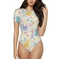 thumbnail image 2 of Uemuo Flower Color Rabbit Pattern Women's One Piece Short Sleeve Swimsuit Rash Guard Surfing Modest Quick-drying Swimsuit Beach Essentials-, 2 of 9