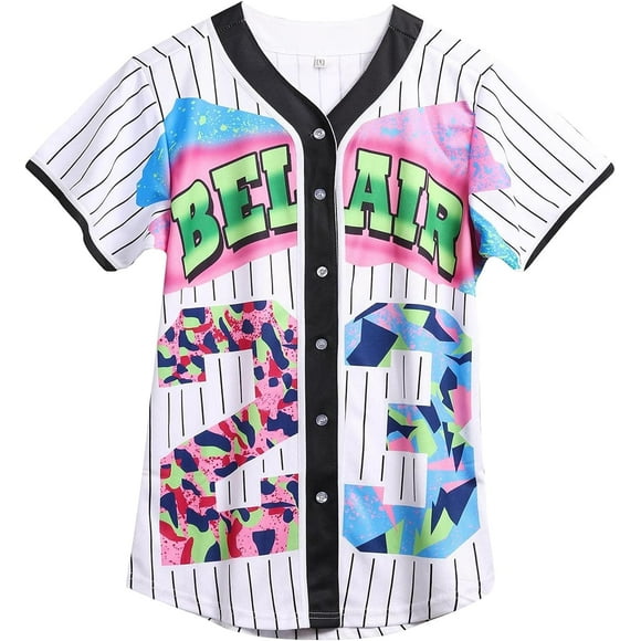 Men Women Unisex Hip Hop 90s Clothing Outfit for Party Bel Air Baseball Jersey Short Sleeve Button Down Shirt