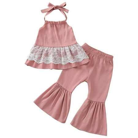 

Toddler Baby Girls Outfits&Set Halter Lace Top + Flared Pants Summer Outdoor Casual Fashionable Suit Kids Clothes