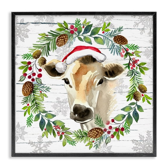 Stupell Industries Cottage Winter Farmhouse Cow Wreath Black Framed Giclee Art, 12 x 12, by Elena Vladykina