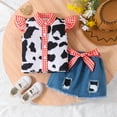 thumbnail image 4 of UAYOTSE Western Toddler Girls Denim Outfits Ruffle Sleeveless Cow Print Shirt Button Tops Belted Wide Leg Jeans Shorts,4-5 Years Red, 4 of 9
