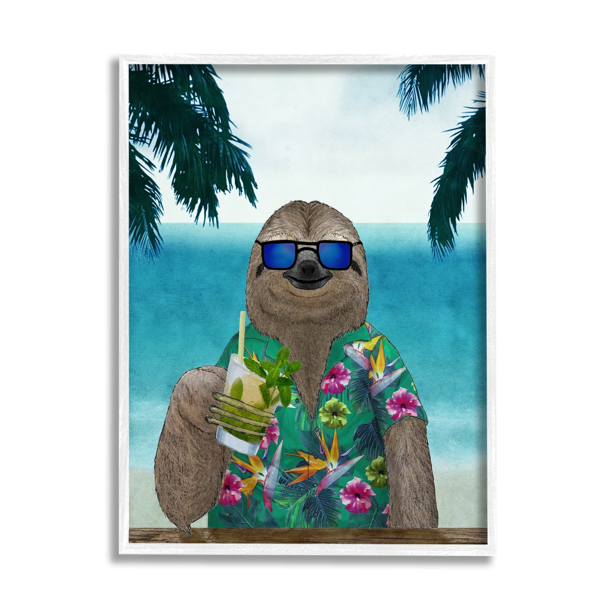 Stupell Industries Humorous Tropical Vacation Sloth Sunglasses Floral Shirt Framed Wall Art, 11 x 14, Design by Barruf