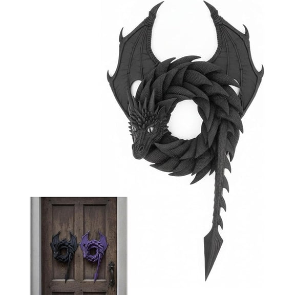 Handmade Dragon Wreath With Mesh Scale Design, Fantasy Gothic Door Hanging Ornament, Mythical Creature Home Decor For Fantasy Fans (8 Inch, Black)