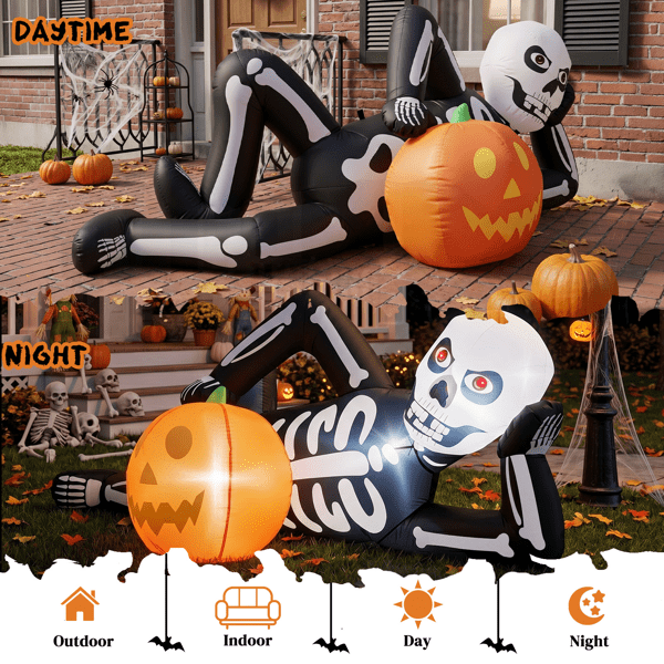 Alvantor 7 ft Long Reclining Skeleton Halloween Inflatable with Pumpkin, 7 LED Lights and Built-In Blower, Black White and Orange