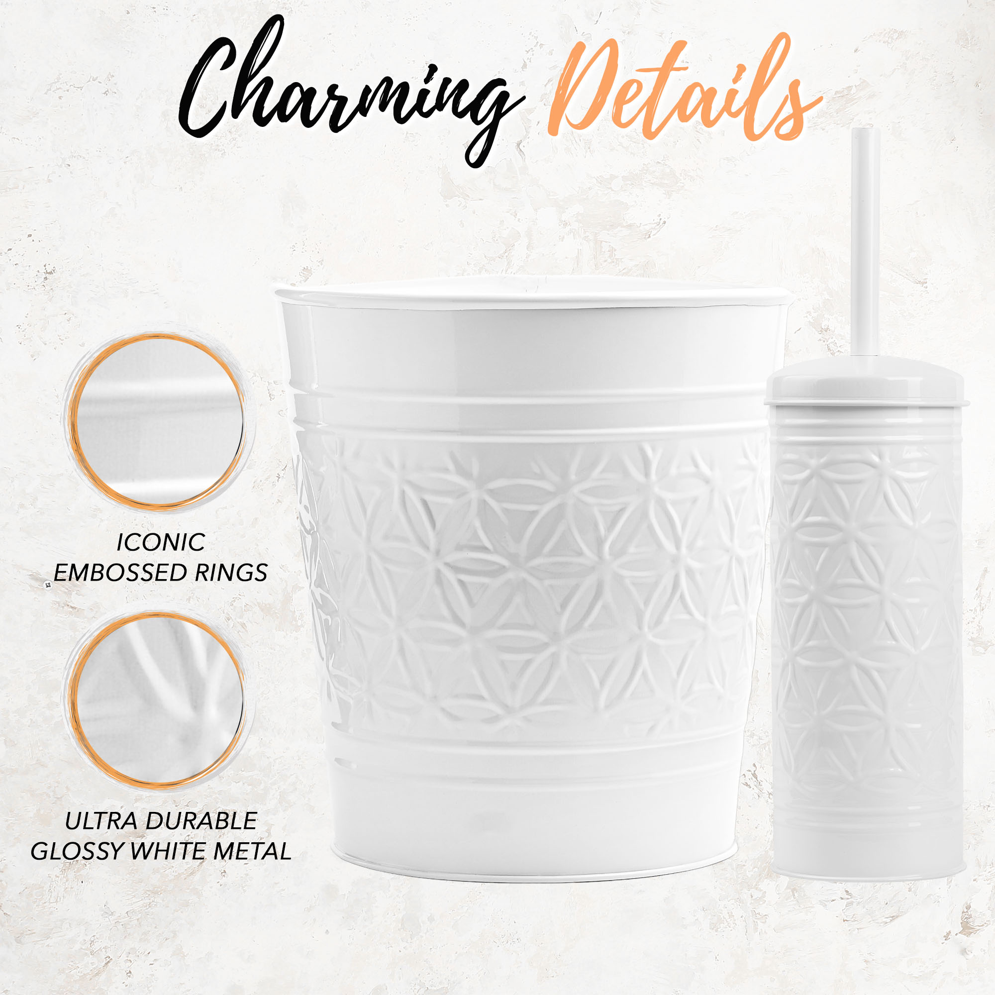Autumn Alley 2-Piece White Metal Bathroom Set – Trash Can and Toilet Brush with Holder, Farmhouse Embossed Design