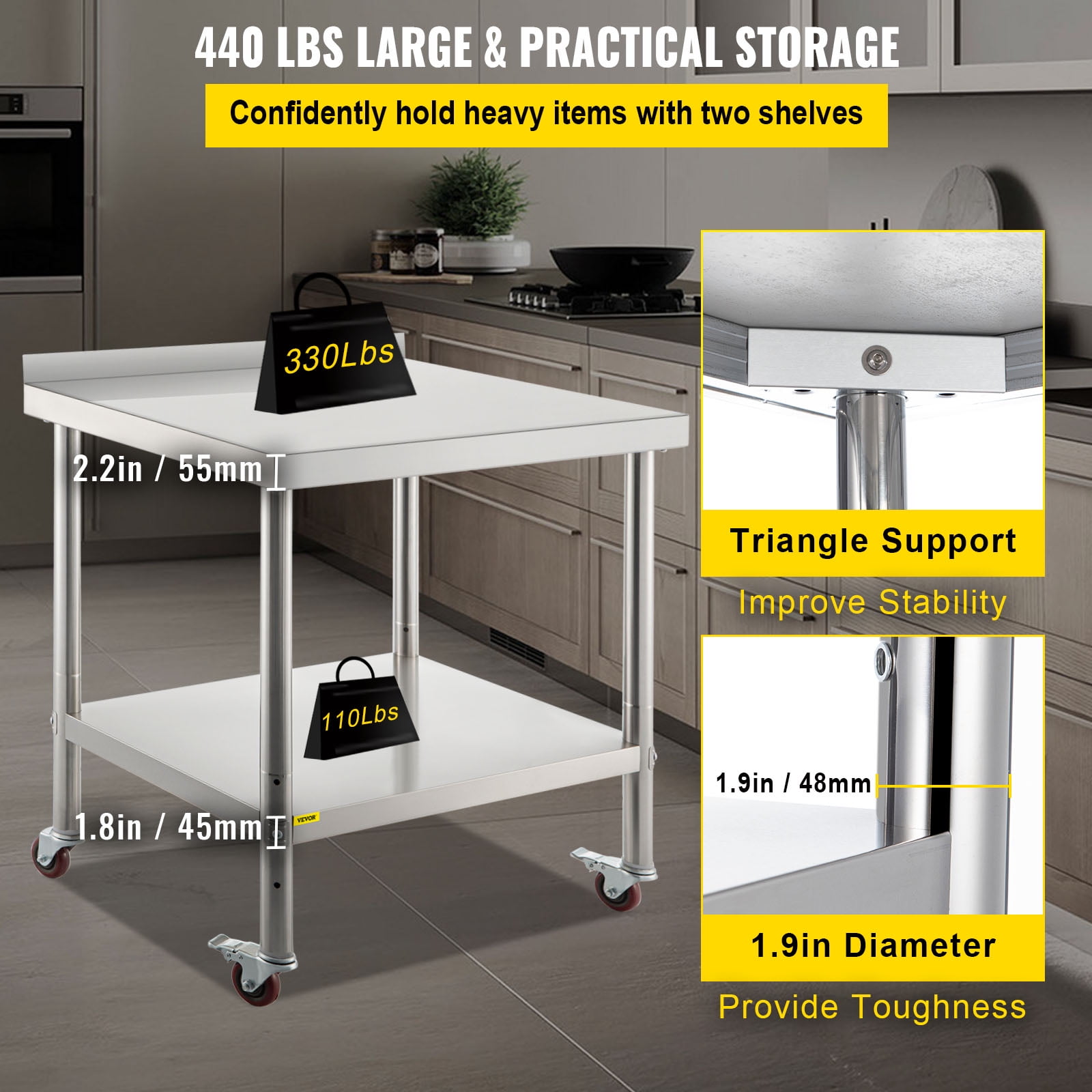 VEVOR Backsplash Adjustable Undershel 4 Casters for Kitchen Restaurant, Prep Table, Stainless Steel, 30 x 24 x 35 Inches