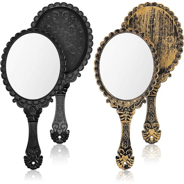 2 espejos de bolsillo vintage, espejo de flores en relieve portátil, espejos de mano decorativos, espejo compacto con asa para maquillaje facial, viajes, espejo de salón cosmético personal (negro, bronce) JM