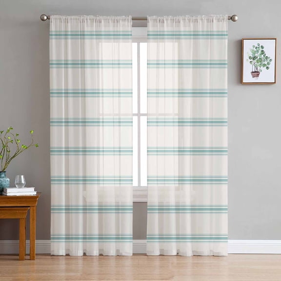 ERUNPONLY Turquoise Striped Sheer Curtains 63 Inch Length 2 Panels Set, Farmhouse Pinstripes Geometric Color Voile Window Treatment Curtains Sheers Drapes for Bedroom/Living Room/Kitchen 52x"63"x2