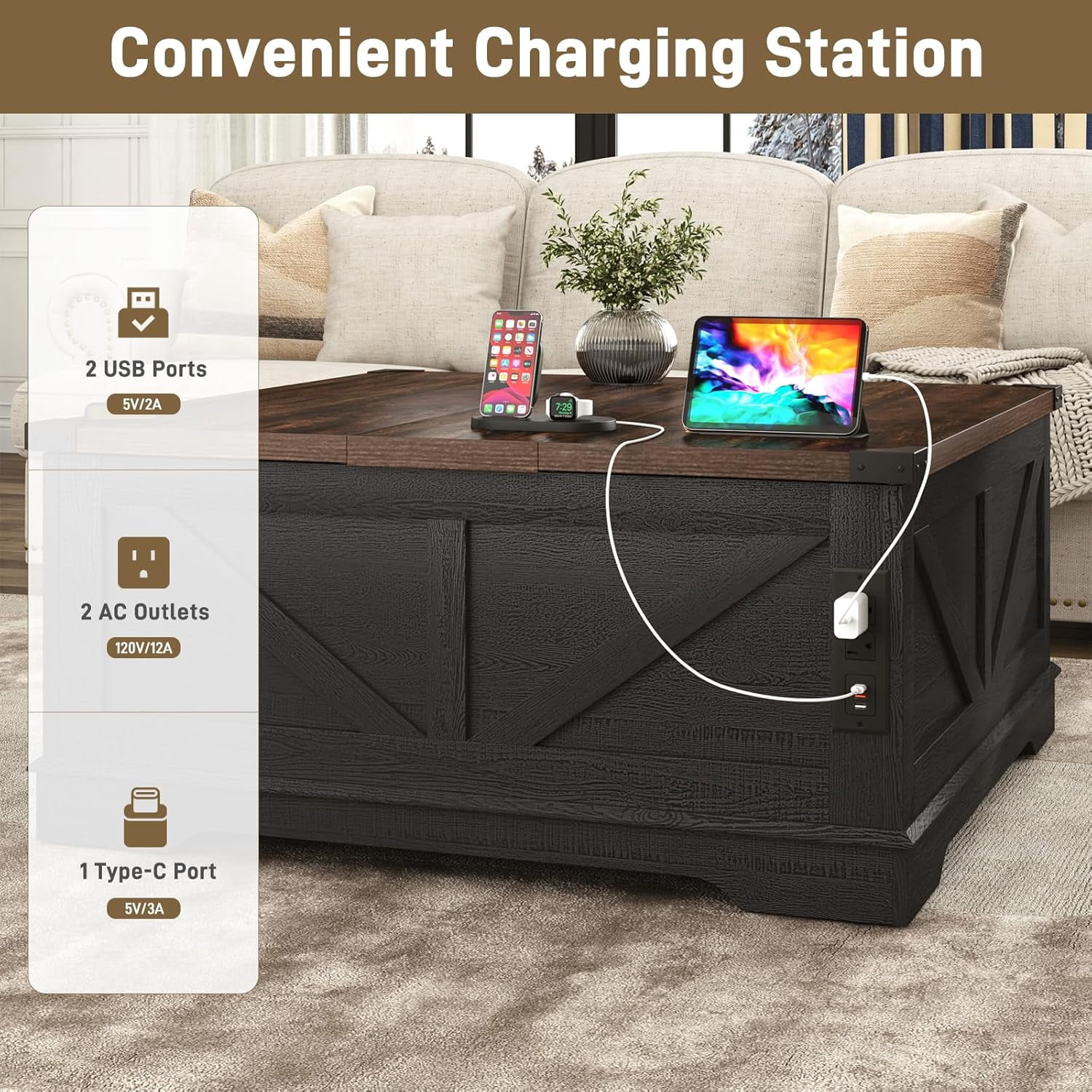 ChVans 40" Large Farmhouse Lift Top Coffee Table with Power Outlets, Square Wood Living Room Table with Large Hidden Storage, Multi-Function Lift Wooden Barn Door Center Table, Rustic Black