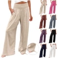thumbnail image 2 of Yuanlook Womens Smocked High Waist Cotton-Linen Wide Leg Pants with Drawstring Hem & Pockets Casual Trousers Size S-XXXL, 2 of 8