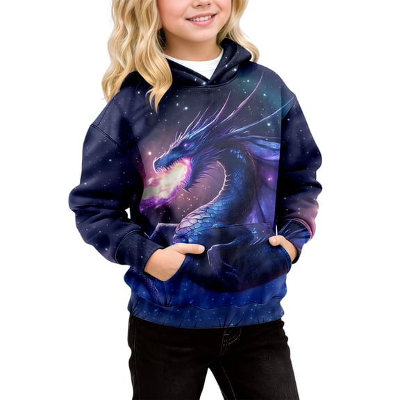 Toddler Girls Graphic Hoodie Long Sleeved Full Print Fashion Pullover Fall Winter Clothes Size 140 , Blue